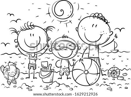 Happy kids at the seaside, line art, vector illustration