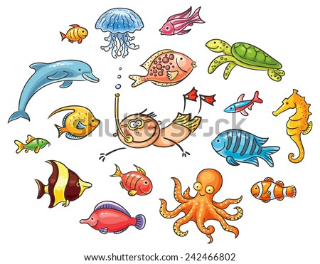 Diver swimming underwater and a set of cartoon sea animals and fishes