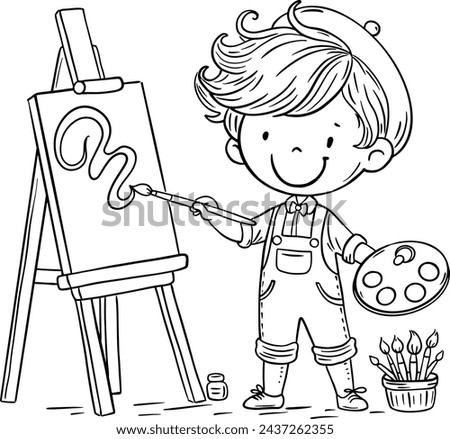 Happy cartoon little kid artist painting picture on easel. Outline vector illustration. Coloring book page for children