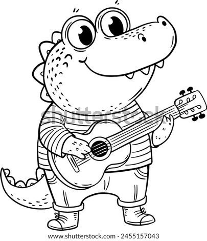 Cartoon cute smiling crocodile standing and plays guitar. Outline vector illustration. Coloring book page for kids