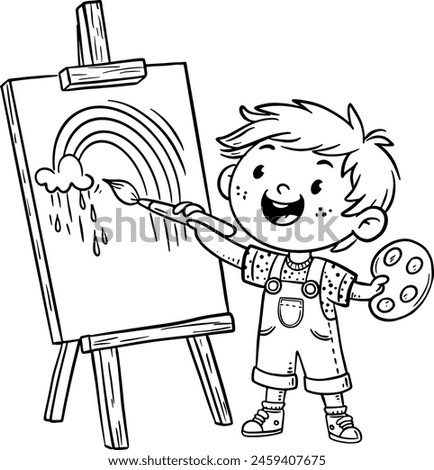 Cartoon little artist painting a picture on an easel. Kids creative activities isolated outline vector illustration