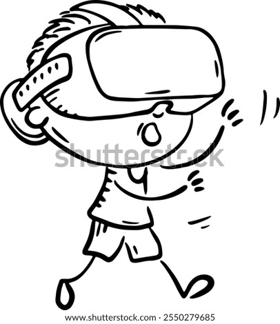 Outline cartoon boy wearing a VR headset, doodle kid using virtual reality glasses. Children using digital technology