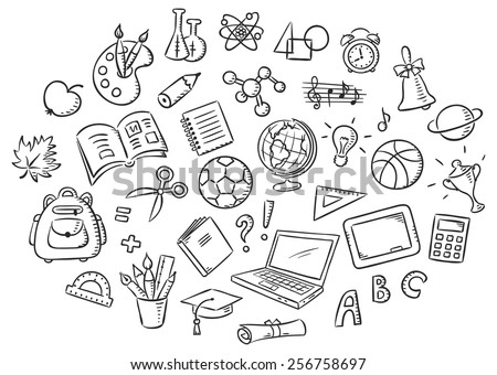 Set Of Simple Cartoon School Things, Black And White Outline Stock ...