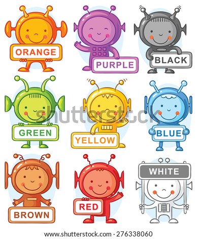 Cartoon aliens with color signs, may be used as teaching aid for language learning, no gradients