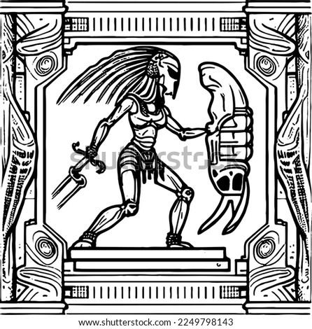 a black-and-white vector image of a single curve, based on the Alien vs Predator universe, an element of a fresco or engraving from an old book