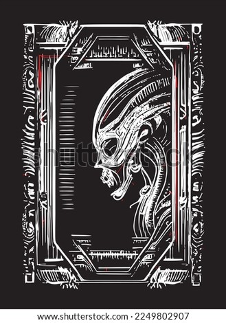 vector image fantasy abstraction on the theme of the future, frame, mirror, engraving, alien book, universe Alien vs predator, prometheus