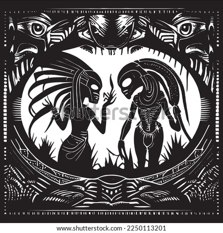 black-and-white vector popular science fiction, graphics on the theme of AvP universe, looks like a frame or a book illustration Alien vs Predator, a secret message, hunter symbols and signs of xenomo