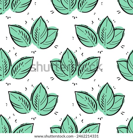 Pattern mint leaves stylized doodle, contour drawing on background of mint green spots, on white background.