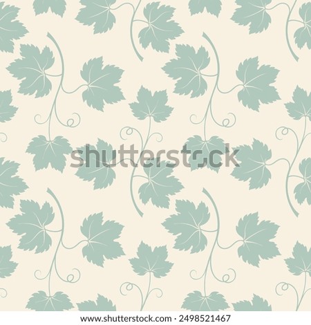 Grape vine green with leaves pattern, vine silhouette on beige pastel background.