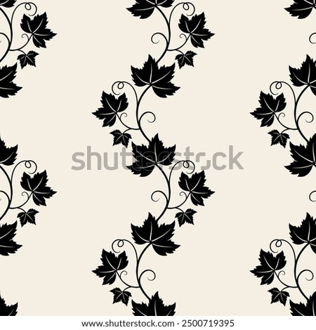 Grape vine with leaves pattern, dark vine silhouette on beige background.