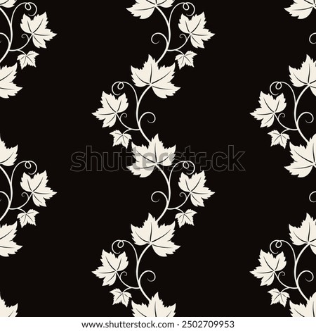 Grape vine with leaves pattern, beige vine silhouette on dark background.