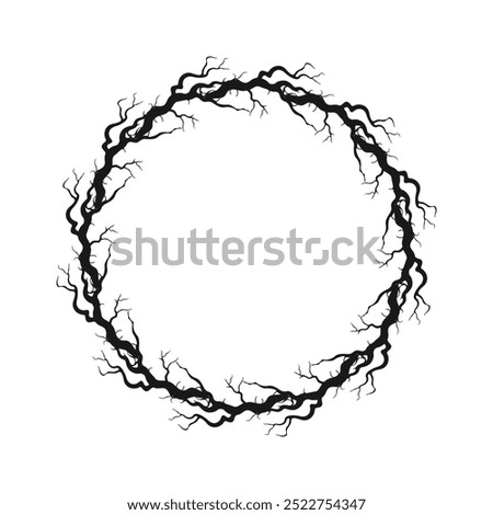 Halloween round frame made of dry gnarled scary tree branches. Element halloween decor, isolated on white background.