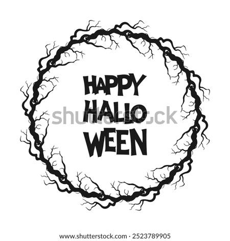 Happy Halloween round frame made of dry gnarled scary tree branches. Element halloween decor, isolated on white background.