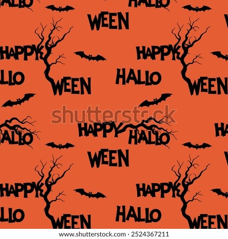 Red-orange pattern with Happy Halloween lettering and bats silhouette and gnarled old tree branches. 