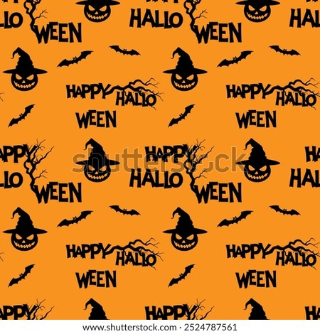 Orange pattern Happy Halloween text, bats and pumpkins in hat, gnarled old tree branches. Dark silhouettes.