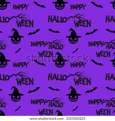 Pattern Happy Halloween text, bats and pumpkins in hat, gnarled old tree branches. Purple background. 