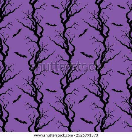 Tree branches gnarled old crooked and bats, Halloween pattern with black silhouettes on purple background.