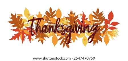 Thanksgiving text with autumn leaves in shades of orange, yellow, and brown on white background. Vector illustration