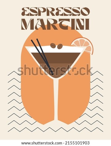 Espresso martini. Retro posters with alcohol cocktails. 90s 80s 70s groovy posters. Modern trendy print. Drink with fruit and ice. Flat cocktails with decorative elements. Vector illustration
