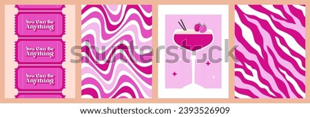Modern poster. Set of 4. Arts in bright pink color. Trendy minimal style. Pattern. Vector illustration. 