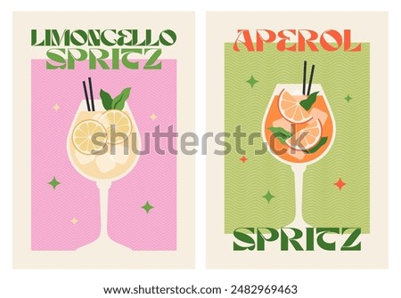 Poster drink set. Cocktail arts. Retro posters with alcohol cocktails. Aperol Spritz. Limoncello Spritz. 90s 80s 70s groovy posters. Modern trendy print. Drink with fruit and ice.