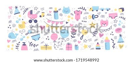 Big Baby care hand drawn illustration set. Scandinavian style vector illustration. Baby shower party elements. Cute animals, stroller, balloons, duck, gift elements. Isolated in white background.