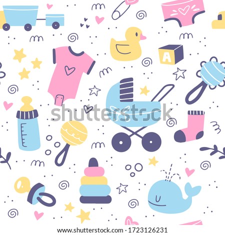 Baby care accessories hand drawn seamless pattern. Bottle, sock, pacifier, cat and duck elements. Cute Scandinavian style design.