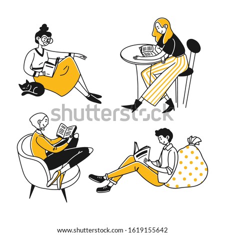 Students or book readers. People reading books, newspapers at home or cafe flat vector illustration. Knowledge, leisure, studying concept for banner, website design or landing web page