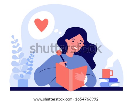 Teenage girl writing diary or journal. Happy young woman reading book and taking notes with pencil. Vector illustration for journal, author, student, teenager in love concept