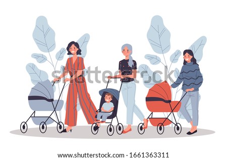 New moms walking with children. Young women wheeling strollers in park flat vector illustration. Motherhood, communication, friendship concept for banner, website design or landing web page