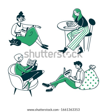 Students or book readers. People reading books, newspapers at home or cafe flat vector illustration. Knowledge, leisure, studying concept for banner, website design or landing web page