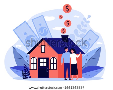 People buying property with bank credit. Savings of young couple falling into house chimney. Vector illustration for mortgage, ownership, rent, investment concept