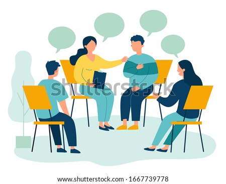 People suffering from problems, attending psychological support meeting. Patients sitting in circle, talking. Vector illustration for group therapy, counseling, psychology, help, conversation concept