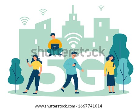 Young citizens using digital gadgets. Laptops an cellphones users using 5G high speed wireless internet connection. Vector illustration for interaction, telecom, wi-fi, smart city concept