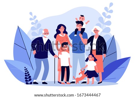 Happy big family standing together flat vector illustration. Grandma, grandpa, mom, dad, children, and pet. Smiling cartoon characters gathering in group.