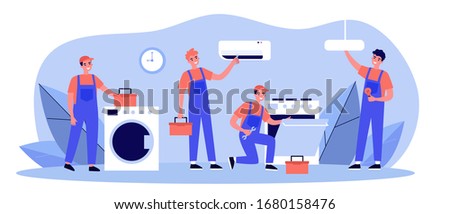 Happy servicemen repairing machines at home flat vector illustration. Electrician, mechanic or repairer at work. Repair and maintenance concept.