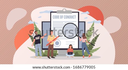 Business people studying code of conduct paper vector illustration. Office people working on company ethical integrity document on laptop screen. Code of business ethics and values Сток-фото © 