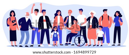 Diverse community members standing together. Crowd of happy men, women of different ages, children and disabled person. Vector illustration for civil society, diversity, togetherness, citizens concept