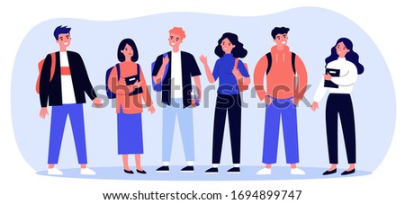 Cheerful college students with books and backpacks standing together. Teen girls and guys meeting and talking. Vector illustration for communication, studying, school friends, youth, teenagers concept