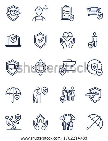 Insurance line icons set. Life, health, car, property, business insurance, protection service, shield with checkmark. Thin icons can be used for risk management, safety, agency, consulting concept