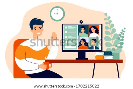 Worker using computer for collective virtual meeting and group video conference. Man at desktop chatting with friends online. Vector illustration for videoconference, remote work, technology concept