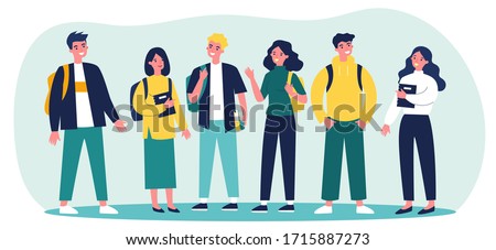 Cheerful college students with books and backpacks standing together. Teen girls and guys meeting and talking. Vector illustration for communication, studying, school friends, youth, teenagers concept 商業照片 © 