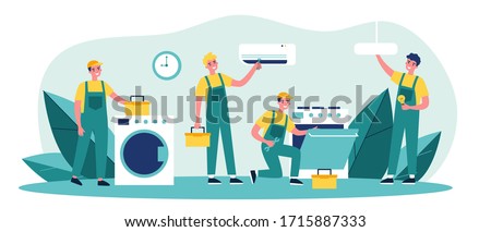 Happy servicemen repairing machines at home flat vector illustration. Electrician, mechanic or repairer at work. Repair and maintenance concept.