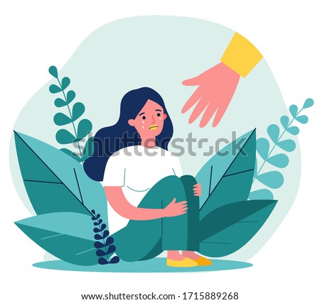 Young woman getting help and cure from stress flat vector illustration. Girl feeling anxiety and loneliness. Helping hand. Psychotherapy, counseling and psychological support concept.