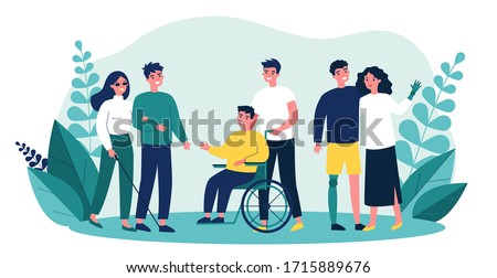 Volunteers helping disabled people. Group of men and women with special needs, on wheelchair, with prosthesis. Vector illustration for support, diversity, disability, lifestyle concept