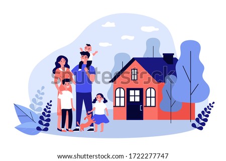 Happy family couple with kids and pet standing together outside, in front of their house. Vector illustration for home, real estate, residential area concept