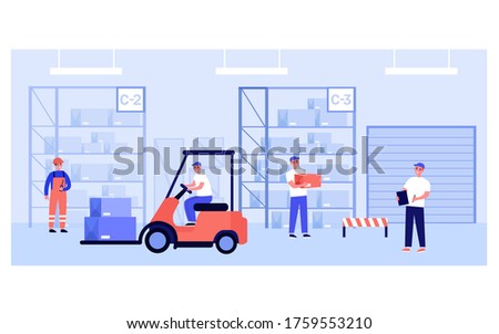 Warehouse workers and couriers carrying boxes from storage shelves, riding forklift, doing logistic works. Vector illustration for hangar interior, stockroom, delivery service concept