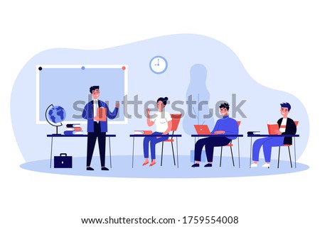 Happy school students sitting at desk in classroom. Girls and guys listening to lecture at college class. Vector illustration for audience, lesson, education, teacher job concept