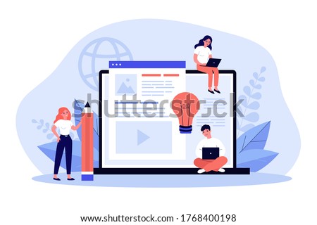 Blog authors writing articles. Freelance writers with laptops creating internet content. Vector illustration for online education, people of creative job, seo marketing concept