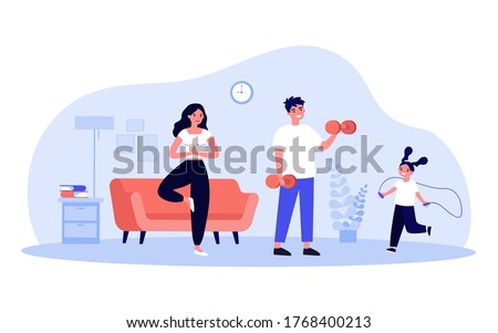Family exercising at home. Parents and kid doing yoga, lifting weight, jumping rope in living room interior. Vector illustration for lockdown, activity, body training, indoor workout concept
